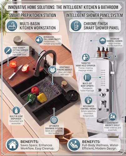 Image of X-XONIER 304 Grade Stainless Steel 6 In 1 Shower panel and All in One Sink Combo Multifunction Handheld Mist Spray Temperature Display (silver)