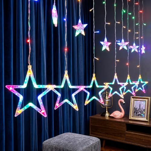 Image of 6+6 Star Curtain String Lights Multicolor LED Decorative Hanging Fairy Lights for Home Decoration, Bedroom, Balcony, Window, Festival, Diwali, Christmas, Wedding, Party, Indoor & Outdoor