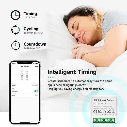 A smartphone screen displaying timing options (Timing, Cycling, Countdown) for a smart switch, with a person sleeping in the background.