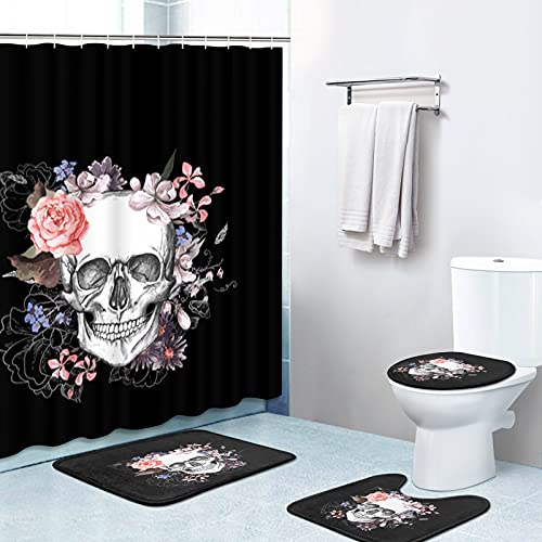Britimes 4 Stück Duschvorhang-Sets, schwarzer Totenkopf mit rutschfesten Teppichen, WC-Deckelbezug...