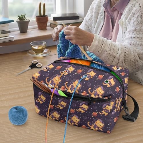 Image of Drnuikhe Crochet Bag Portable Knitting Bag for Yarn Skeins, Crochet Hooks, Knitting Needle Wooly Kitten Print