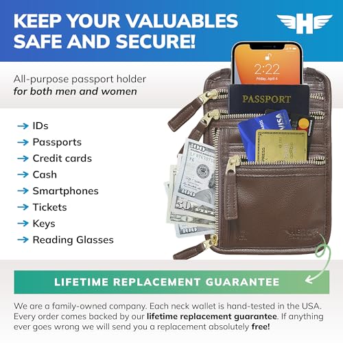 Image of HERO Neck Wallet - RFID Blocking Passport Holder, Easy to Conceal Travel Pouch (Vegan Leather Brown)