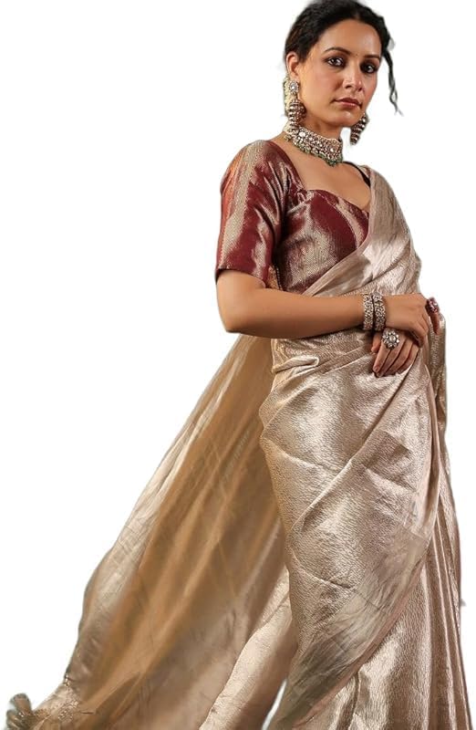 Women’s Banarasi Brocade tissue soft Silk Saree – Lustrous Ivory Silver Peach Finish | Elegant Traditional Partywear & Wedding Saree with Rich Weaving