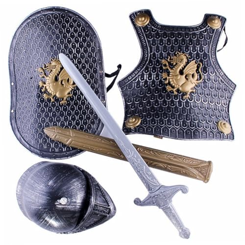 Disfraz de caballero para niños, 4 piezas/juego de armadura de caballero medieval con patrón de dragón, incluye casco, escudo, espada y armadura, disfraces para niños para juegos de rol, cosplay, Hal