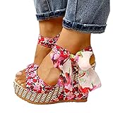 Tomwell Chaussure Mode Sandale Femme Sandales à Compensées Plates Plateforme en Cuir Synthétique Sandales à Bout Ouvert Confortable Cales De Paille Casual Eté Rome Sandales Y Rouge 40 EU