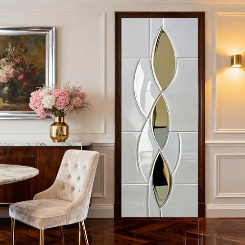 Image of Nuxovilar Gold Silver Leaf Door Sticker 30.3x78.7 Vinyl Decal | Door Covers, Wall Decals gold leaf wraps, peel stick murals home bedroom living room (Gold Silver Leaf)