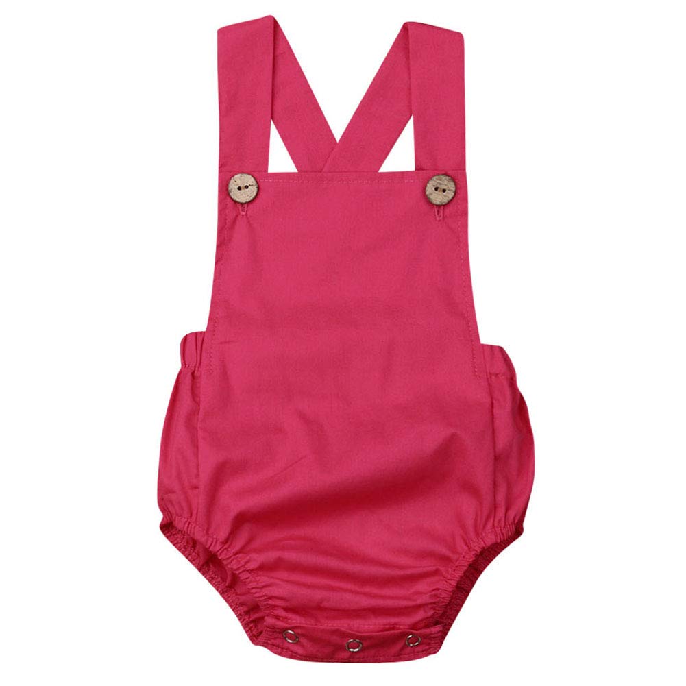 Baby Boys Girls Cotton Linen Rompers Solid Color Sleeveless Straps Backless Bodysuit 2-3T Rose Red