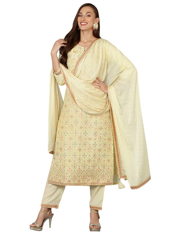 Image of Vaamsi Women's Silk Blend Abstract Woven Design Straight Kurta Pant With Dupatta