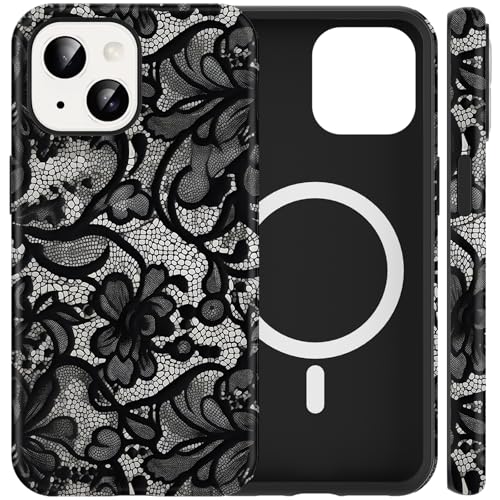 Yoedge Magnetica Cover per iPhone 14/iPhone 13 Fiori Pizzo, Aesthetic Nero Lace Motivo Vintage, Compatibile con MagSafe Silicone Custodia Disegno per Ragazza Donne Case per iPhone 13 6,1'