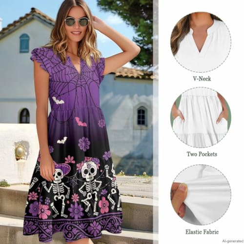 Image of Women's Casual Ruffle Sleeve Dress V Neck Pullover Dress Flowy A-Line Pleated Lightweight Dress with Pockets