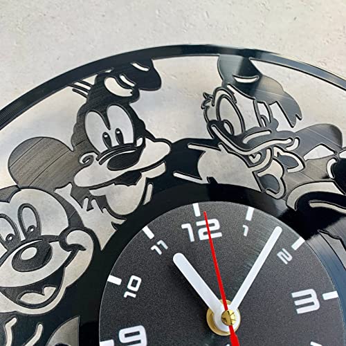 Vinyl Wall Clock With Cartoon Mouses Dog And Duck - Vintage Cartoon Heroes And Characters Themed Art Home Room Decorations - Decor Gift Set Idea For Retro Love Story Lovers Lp Black #TOP3