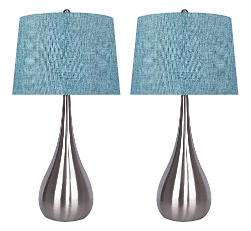 Grandview Gallery 29" Brushed Nickel Metal Table Lamps W/Teardrop Shape & Turquoise Linen Shades (Set Of 2) #TOP14