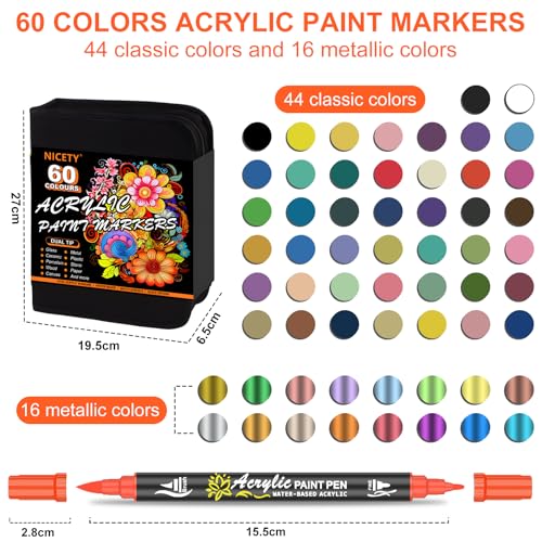 NICETY Acrylic Paint Pens - 60 Colours Dual Tip Brush Markers for Rock Painting, Stone, Wood, Glass, Ceramic - Fine & Brush Tip Water Based - Image 7
