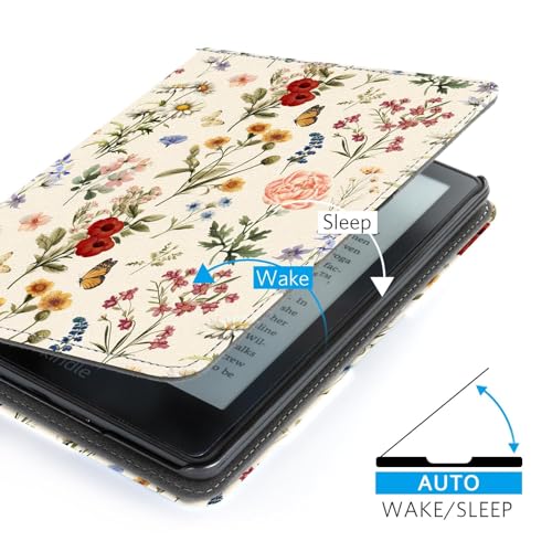 Image of CoBak Case with Stand for Kindle Paperwhite 12th Gen 2024 Released (7 inch) & Kindle Colorsoft Signature Edition - Durable PU Leather Cover with Auto Sleep Wake, Card Slot, Hand Strap Feature, Floralia