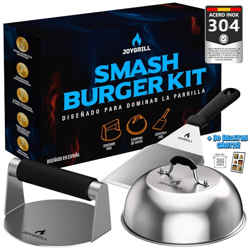 JOYGRILL® Smash Burger Kit Profesional - Acero Inoxidable 304 Premium con Certificado UE y Registro Sanitario para Restaurantes - Kit Smash Burger diseñado para Uso Intensivo Profesional o en Casa