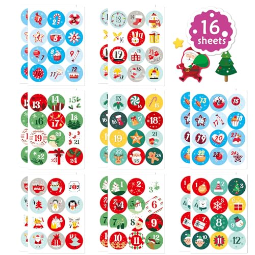 Lot de 16 feuilles d'autocollants pour calendrier de l'Avent de Noël, autocollants pour compte à rebours de 24 jours, étiquettes de cadeaux de Noël pour enveloppes, étiquettes autocollantes de Noël