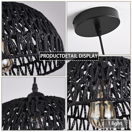 AyshwillDec Black Woven Pendant Light Boho Chandelier Light Fixture Wicker Pendant Light Rattan Light Pendant Woven Light Fixture Dome Pendant Light for Dining Room Bedroom Kitchen Island (Bulb Incl) by AyshwillDec - Image 6