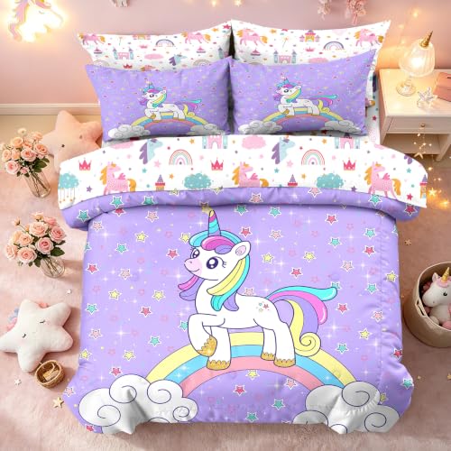 Bodhi 5 Piece Full Size Unicorn Comforter Set for Girls Kids, Cartoon Rainbow Star Cloud Reversible Unicorn Bedding Set with Cute ‌Lining