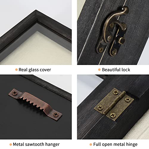Image of TJ.MOREE Shadow Box 11x11 Memory Display Case Wooden Picture Frame Black | Fits 9.4x9.4 Inserts with Linen Back Rustic Keepsake Box with Glass for Pet Memorabilia Gifts Wedding Bouquet Military Medals