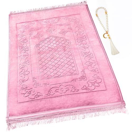 Muslim-Prayer-Rug-with-Tasbih-Prayer-Beads-Soft-Large-Prayer-Matt-Islam-Padded-Islamic-Prayer-Mat-Thick-for-Men-and-Women-Janamaz-Sajadah-Pink