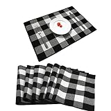 Set of 6 Placemats, Cotton Buffalo Check Plaid Placemats Black and White Plaid Woven Tablemats Washa