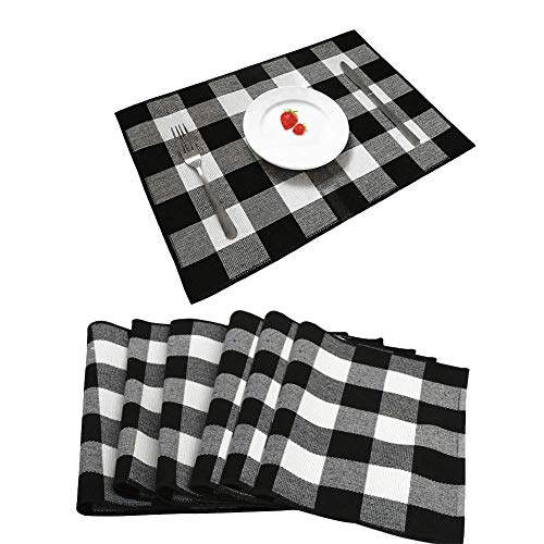 Set Of 6 Placemats, Cotton Buffalo Check Plaid Placemats Black And White Plaid Woven Tablemats Washable Heat Resistant Non-Slip Table Mats For Dining Table #TOP7