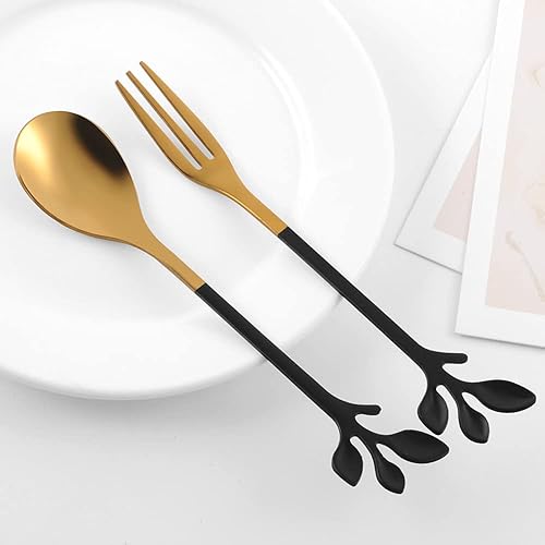 Miniatura 4 de AnSaw - Cuchara de café de acero inoxidable con hojas negras y doradas, 10 piezas creativas de vajilla, cucharas de postre, acero inoxidable de