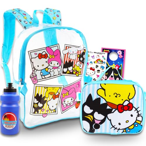 Hello Kitty and Friends Clear Backpack with Lunch Box - Bundle with Hello Kitty Backpack, Hello Kitty Lunch Bag, Water Bottle, Stickers, More | Transparent Hello Kitty Backpack for Girls