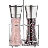 Professional Stainless Steel Salt and Pepper Grinder Set with Stand Manual Spice Adjustable Coarseness with Five Grinding Level Pepper Mill Grinders Shakers Gift Set with Silicone Funnel (Pack of 2)