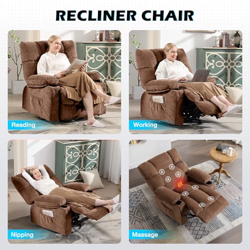 Image of MAHOMICO Recliner Chair Oversized Swivel Rocker with Vibration Massage & Lumbar Heating, 360 Swivel, USB Charging Port, Cup Holders & Side Pocket for Living Room