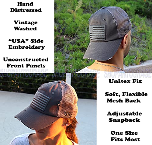 Image of Antourage American Flag Unconstructed Unisex Mesh Snapback Baseball Hat Cap for Men and Women +2 Patriotic Patches Included