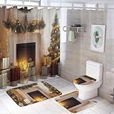 MATERIAL DEL JUEGO DE CORTINAS DE DUCHA: La cortina de ducha está hecha de tela de poliéster duradera, que es impermeable y duradera para un uso duradero. La alfombra de baño / alfombra en U de cortinas de ducha navideñas robustas y antideslizantes está hecha de franela y una base antideslizante, lo que brinda una suavidad lujosa y una absorción eficiente para mantener los pisos secos y limpios para su familia