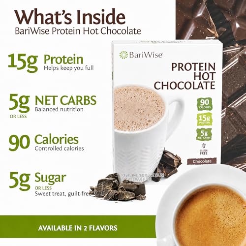 Image of BariWise Protein Hot Chocolate Drink with Casein Protein - 7 ct (Chocolate) | 15g Protein, 90 Calories, Low Sugar, 4g Net Carb, Gluten-Free, Keto-Friendly - Hot Chocolate Drink Mix, Bariatric Must-Haves