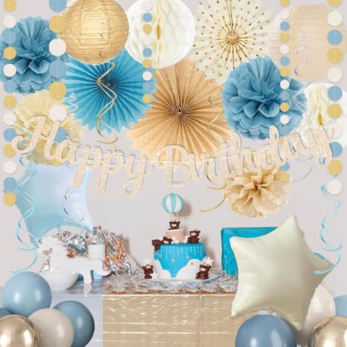 Image of Dusty Blue Beige Champagne Women Birthday Decorations, Boho Neutral Boys Girls Blue Party Decor With Fog Cream Gold Balloons,Happy Banner Garland,Paper Lanterns, Honeycomb Tissue Pom Poms For Adults