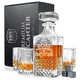 Luxury Gift For Boss - Boss Who Inspires Us All - Unique Engraved Whiskey Decanter Set For The Leader or Dad Christmas, Birthday Gift – 4 Whiskey Glasses And Decanter Set for Whisky, Bourbon Ets.