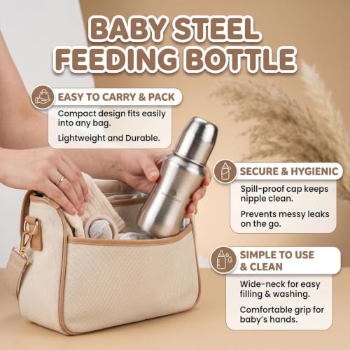 Image of StarAndDaisy 140ml Stainless Steel Baby Feeding Bottle for Newborns, Infants & Toddlers | SUS 304 Steel Milk Bottle | BPA-Free, Anti-Colic, Leakproof & Easy-to-Clean Feeding Bottle for 0+ Months (Silver)