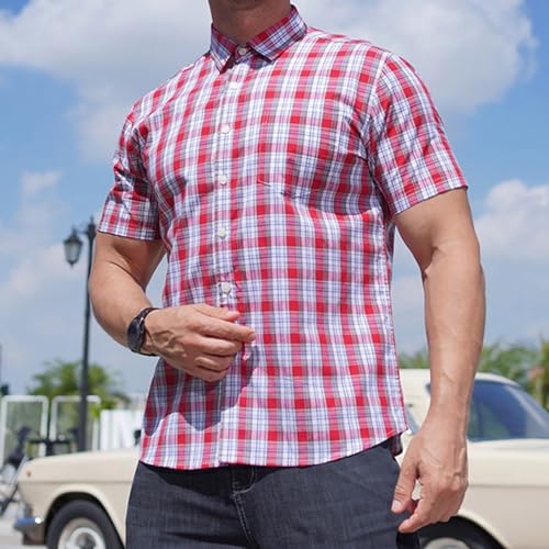 Men's Short Sleeve Shirt Casual Plaid Button Down Shirts Summer Lightweight Casual Beach Tees Classic Dressy Tops4