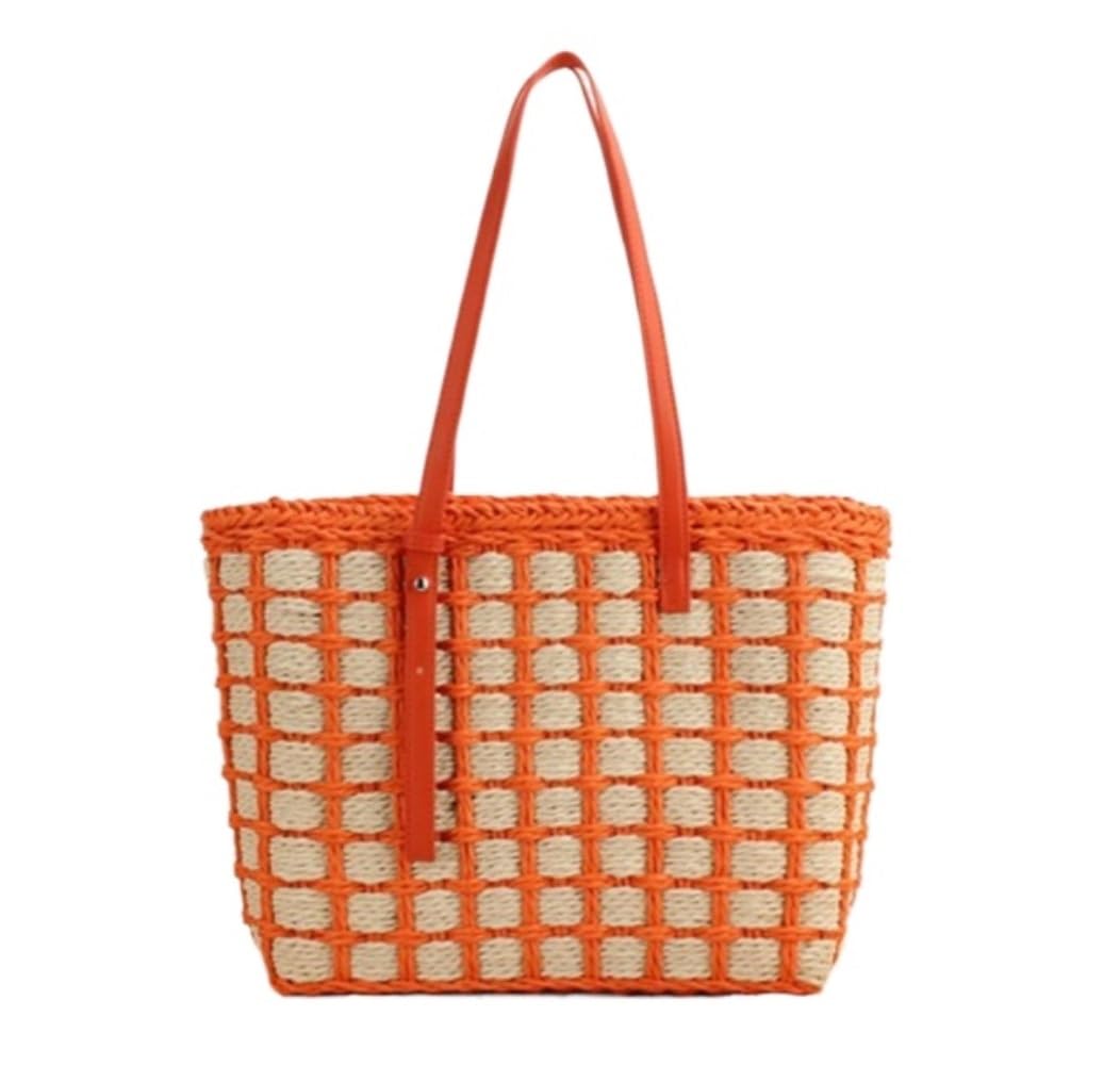 Bolsa de Verano para Mujer Bolso De Mano De Paja para Mujer, Bolso De Playa De Paja Tejido A Mano De Verano, Informal Cesta de Playa(Color:D)