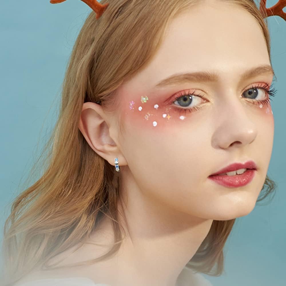 Double Love Heart Cubic Zirconia Sleeper Small Hoop Earrings for Women Teen Girls S925 Sterling Silver Cartilage Tiny Cute Huggie Hoops Hypoallergenic for Sensitive Ear Blue CZ - Image 4