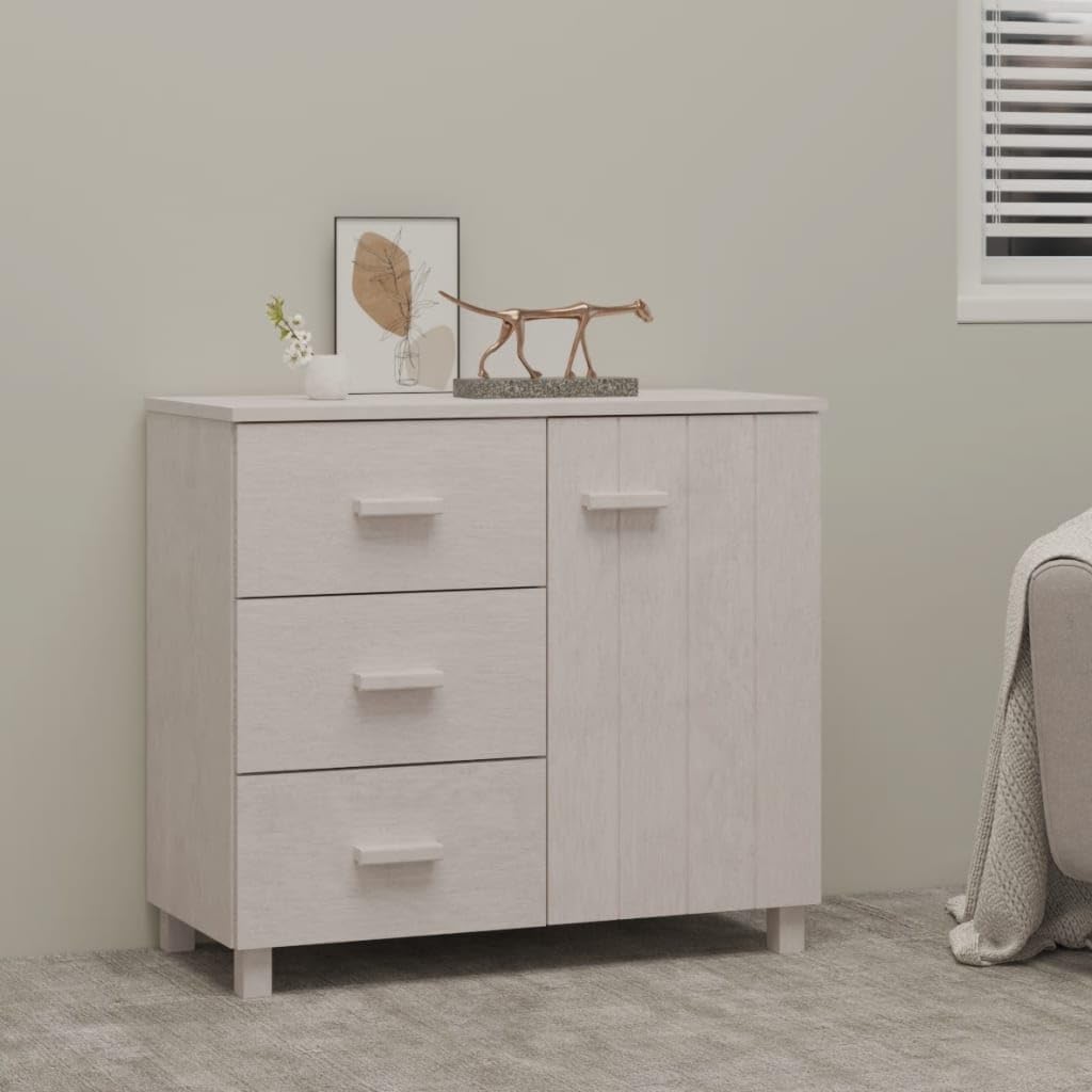 Kredens biały z litego drewna sosnowego, 90 x 40 x 80 cm, z drzwiami i 3 szufladami, schowek do salonu, korytarza, sypialni, praktyczna komoda z drewnianymi uchwytami i półką