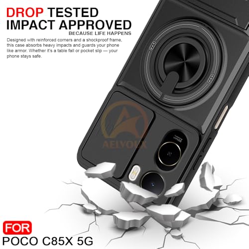 Image of Poco C85X 5G Back Cover | Armor Camera Slider 360 Degree Rotating Finger Ring Holder Case with Bracket Stand Back Case Cover (Compatible with MagSafe Accessories) (Black)