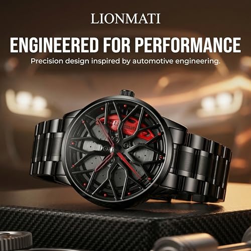 Image of Men's Quartz Watch with Rotating Alloy Wheel Dial | Brake Disc Inspired Sport Car Wheel Watch for Men & Boys, Black Stainless Steel Bracelet, Red Hands Spinner Design