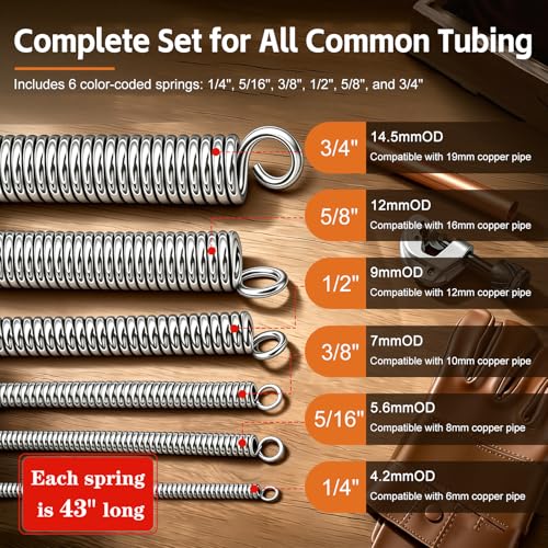 Image of Tnisesm 6-in-1 Copper Tube Bender Set, 1 /4 inch 5 /16 inch 3 /8 inch 1 /2 inch 5 /8 inch 3 /4 inch Copper Pipe Bender Tool Kit, 43in Long Manual Kink-Free Bending Spring for HVAC, Plumbing, Refrigeration & DIY Projects