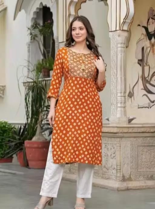 Image of Women Printed Cotton Rayon Kurti | Stylish A-Line Casual & Office Wear Kurta for Women | 3 /4 Sleeve | PF20