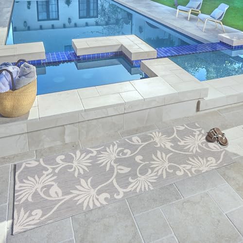 Gertmenian Indoor/Outdoor Kona Coast by Reyn Spooner Runner Rug - 2x6 Runner, Stain & UV Resistant, Ideal for Deck, Patio, Poolside Rooms - Floral Vines, Gray Cream, 46682