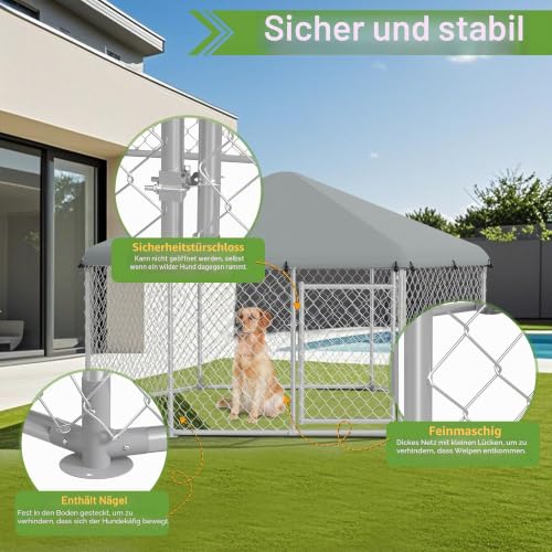 FIVMEN Outdoor Hundezwinger 280x250x165 cm Groß Hundekäfig Hundehütte Hundehaus Verzinkter Stahl mit Sonnenschutz Dach und Abschließbarer Tür Hundezaun Hundeauslauf Draußen