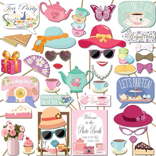 Tea Party Photo Booth Props - 41-pc Photobooth Kit with 8 x 10-Inch Sign, 60 Adhesive Pads, 45 Sticks - Tea Party Decorations - Child and Adult Tea Party Decorations - Tea Party Backdrop Props