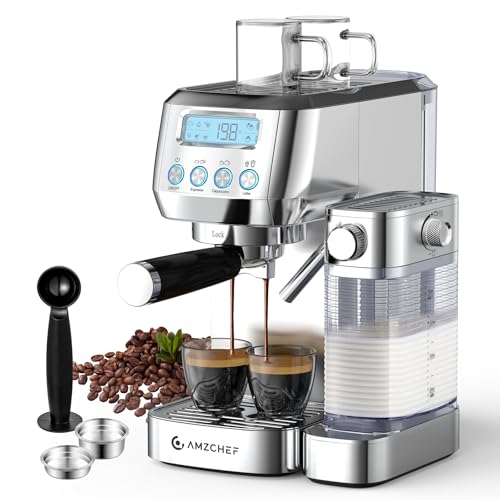 Image of AMZCHEF Espresso Machine with LCD Display, 20 Bar Cappuccino Machines with Upgraded Automatic Milk Frother for Home Gifts, Latte Coffee Maker with Dual Wall & Filters, Sliver