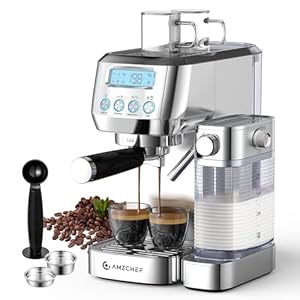 AMZCHEF Espresso Machine with LCD Display, 20 Bar Cappuccino Machines with Upgraded Automatic Milk Frother for Home Gifts, Latte Coffee Maker with Dual Wall & Filters, Sliver