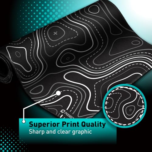 Image of Pixiecube Minimalist Topographic Map Mouse Pad - Contour Extended Large Stitch Edge Mousepad. Black & White Non-Slip XXL Gaming Desk Mat
